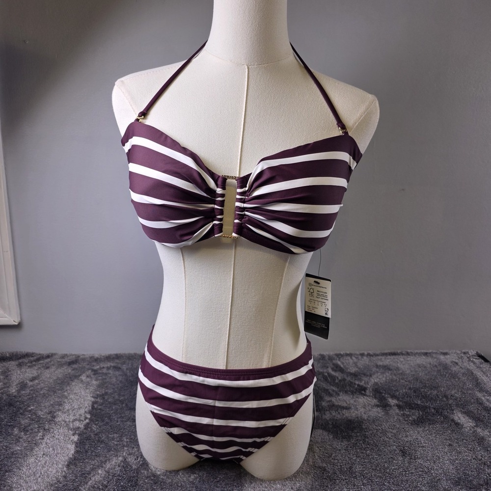 Ralph Lauren Bikini 2 PC Set Largo Stripe Burgundy Bandeau Gold Ring Size 10